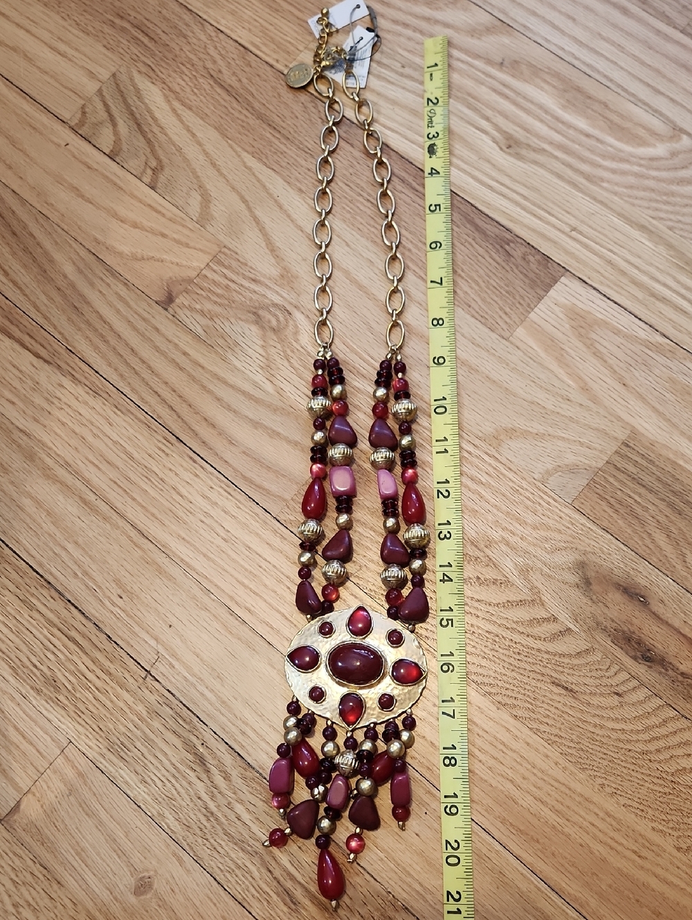 Chicos NWT Gold-Tone Necklace with Red Beaded Pendant Medallion Statement - Picture 10 of 10